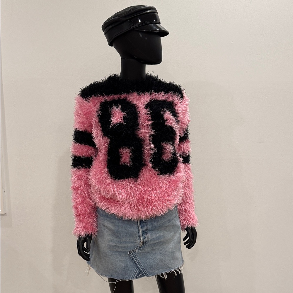 Jeremy Scott Paris Pink & Black Fuzzy Logo Sweater • Size S • Never Worn